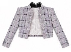 Veste courte en tweed gris et lilas, vue de face.